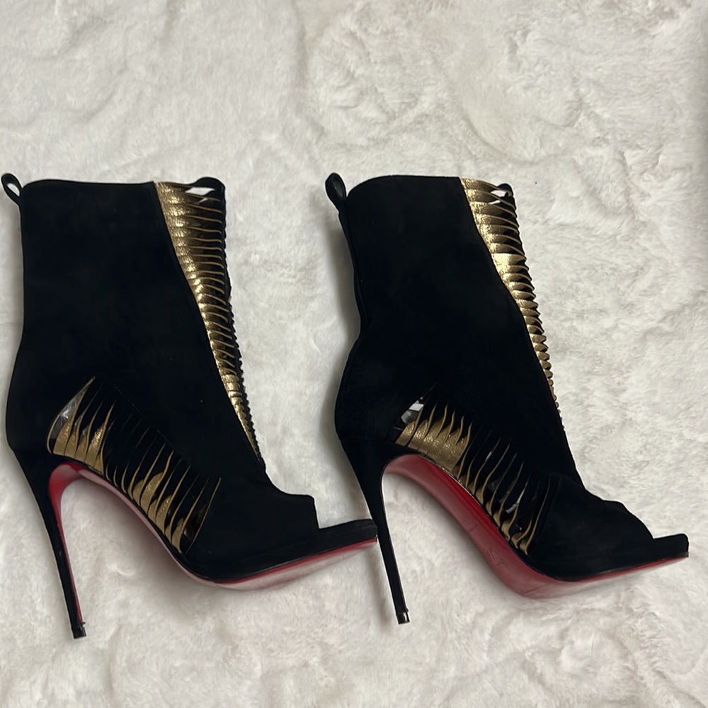 Christian Louboutin Black Suede and Gold Leather Bootie